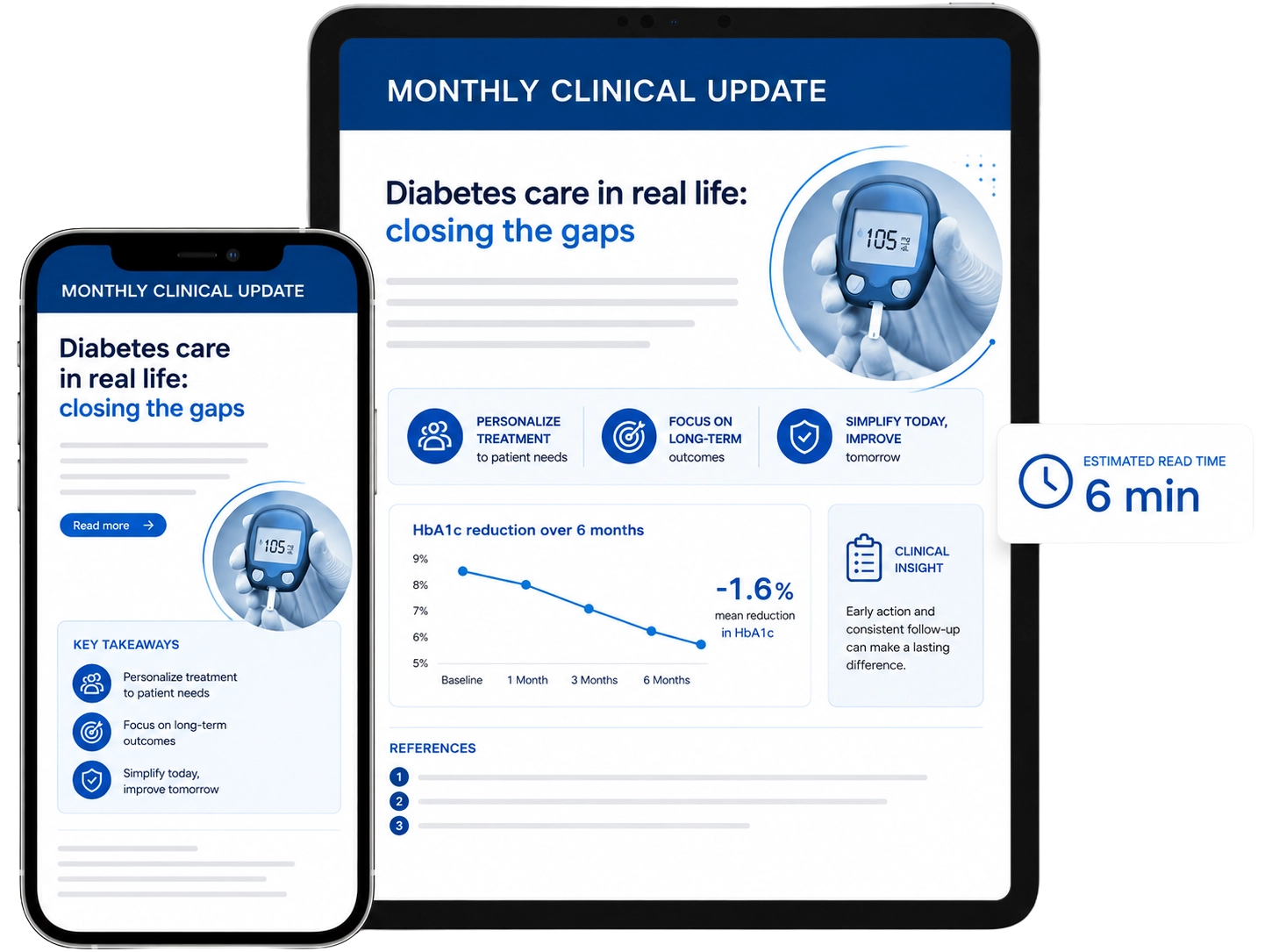 A tablet and phone showing the same long medical newsletter open and scrolled, with a card reading the estimated read time