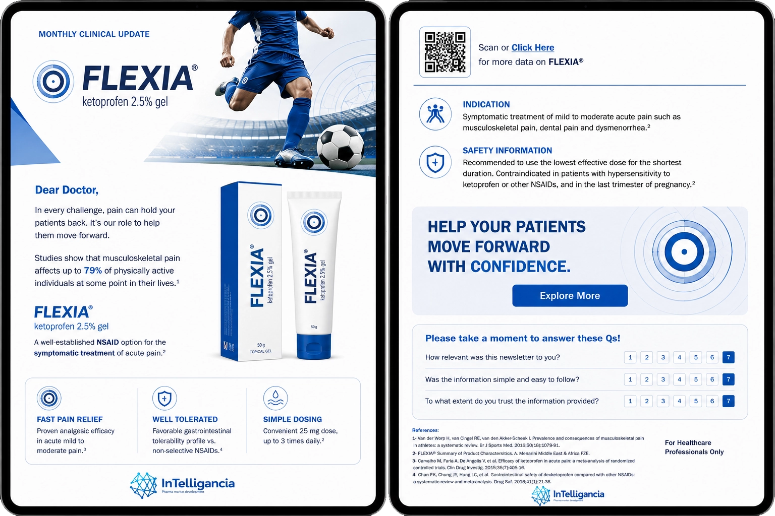 Two tablets side by side showing the same newsletter template as a cardiology edition and an endocrinology edition, with the two audience segments and their recipient counts between them